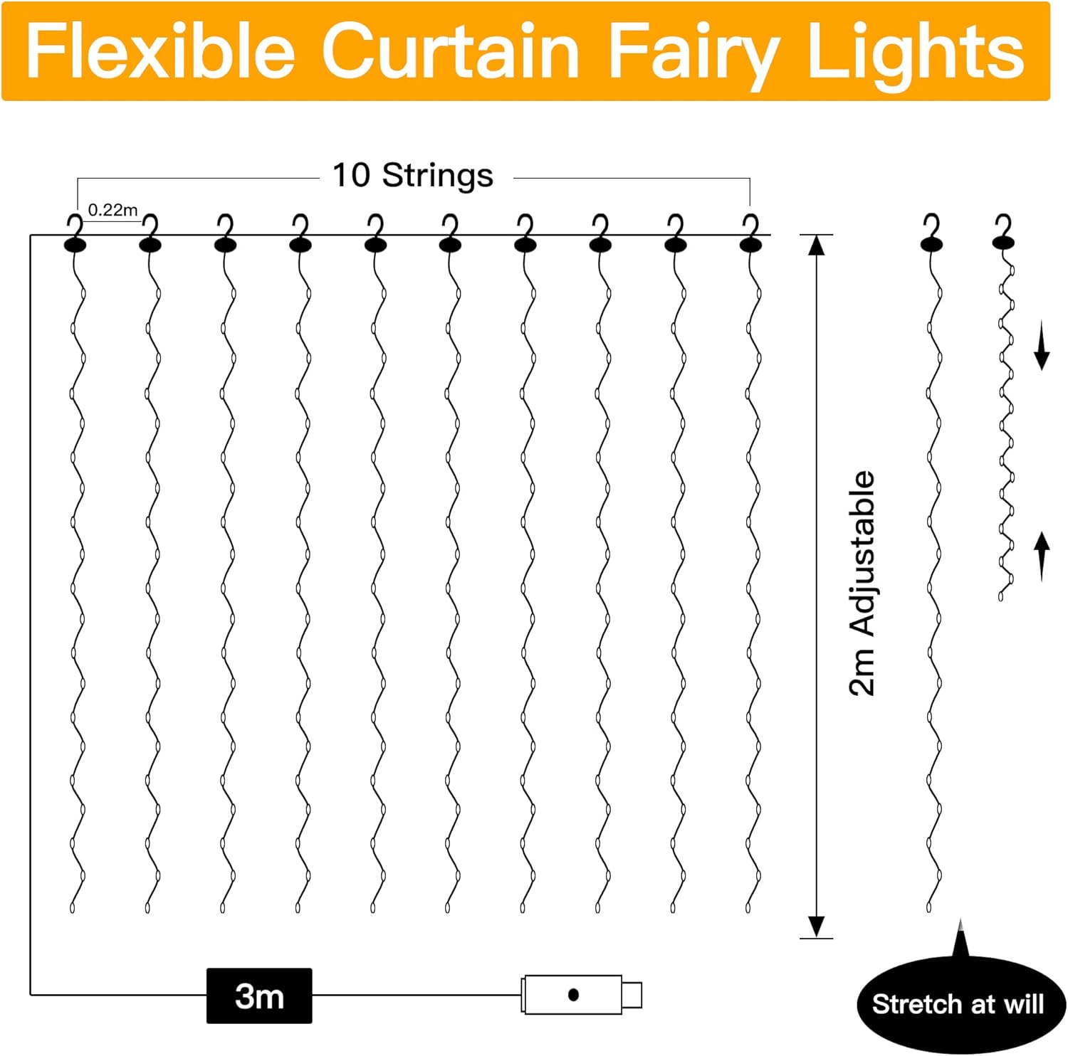 Ollny Curtain Fairy Lights, 200 LED 2m x 2m USB String Light Indoor Outdoor Waterproof Warm White Hanging Window Lights with Hooks, Bedroom/Outside/Wall/Door/House/Garden Decorations-6