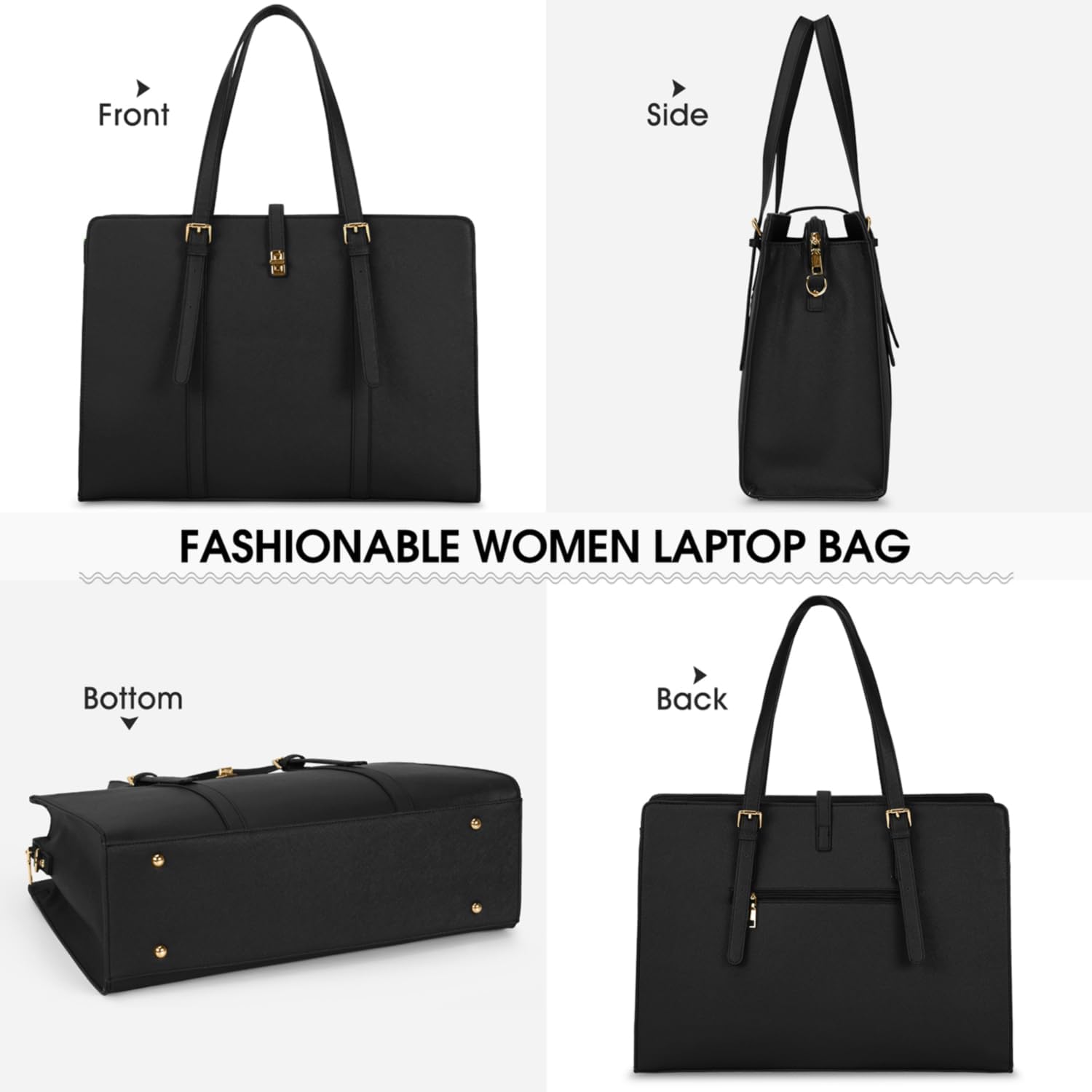 IGOLUMON Laptop Bags for Women 15.6 Inch Ladies Tote Bag Large Leather Black Laptop Handbag Designer Work Shoulder Bag for Computer Office Business School-4