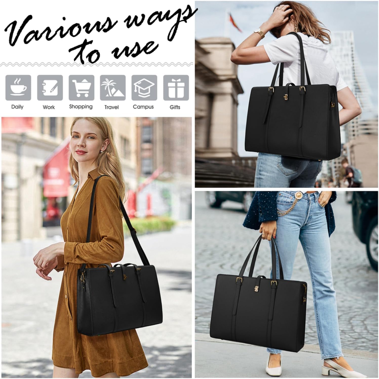 IGOLUMON Laptop Bags for Women 15.6 Inch Ladies Tote Bag Large Leather Black Laptop Handbag Designer Work Shoulder Bag for Computer Office Business School-6