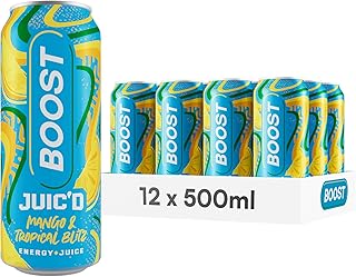 Boost Juic'd Energy Drink Mango & Tropical Blitz, 500ml x 12 pack, Vegan Friendly Great Tasting Energy Boost, Low Calorie Taurine Carbonated Drink with Added B Vitamins, Real Fruit Juice & Caffeine