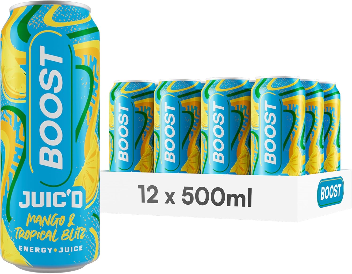 Boost Juic'd Energy Drink Mango & Tropical Blitz, 500ml x 12 pack, Vegan Friendly Great Tasting Energy Boost, Low Calorie Taurine Carbonated Drink with Added B Vitamins, Real Fruit Juice & Caffeine-0