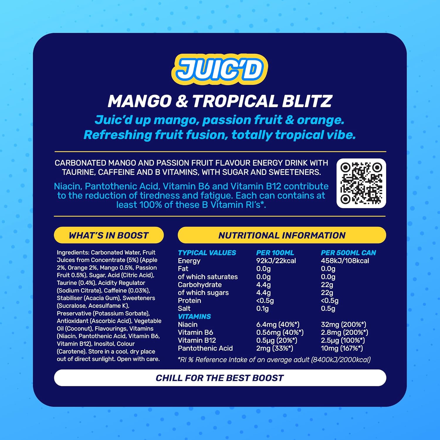 Boost Juic'd Energy Drink Mango & Tropical Blitz, 500ml x 12 pack, Vegan Friendly Great Tasting Energy Boost, Low Calorie Taurine Carbonated Drink with Added B Vitamins, Real Fruit Juice & Caffeine-1