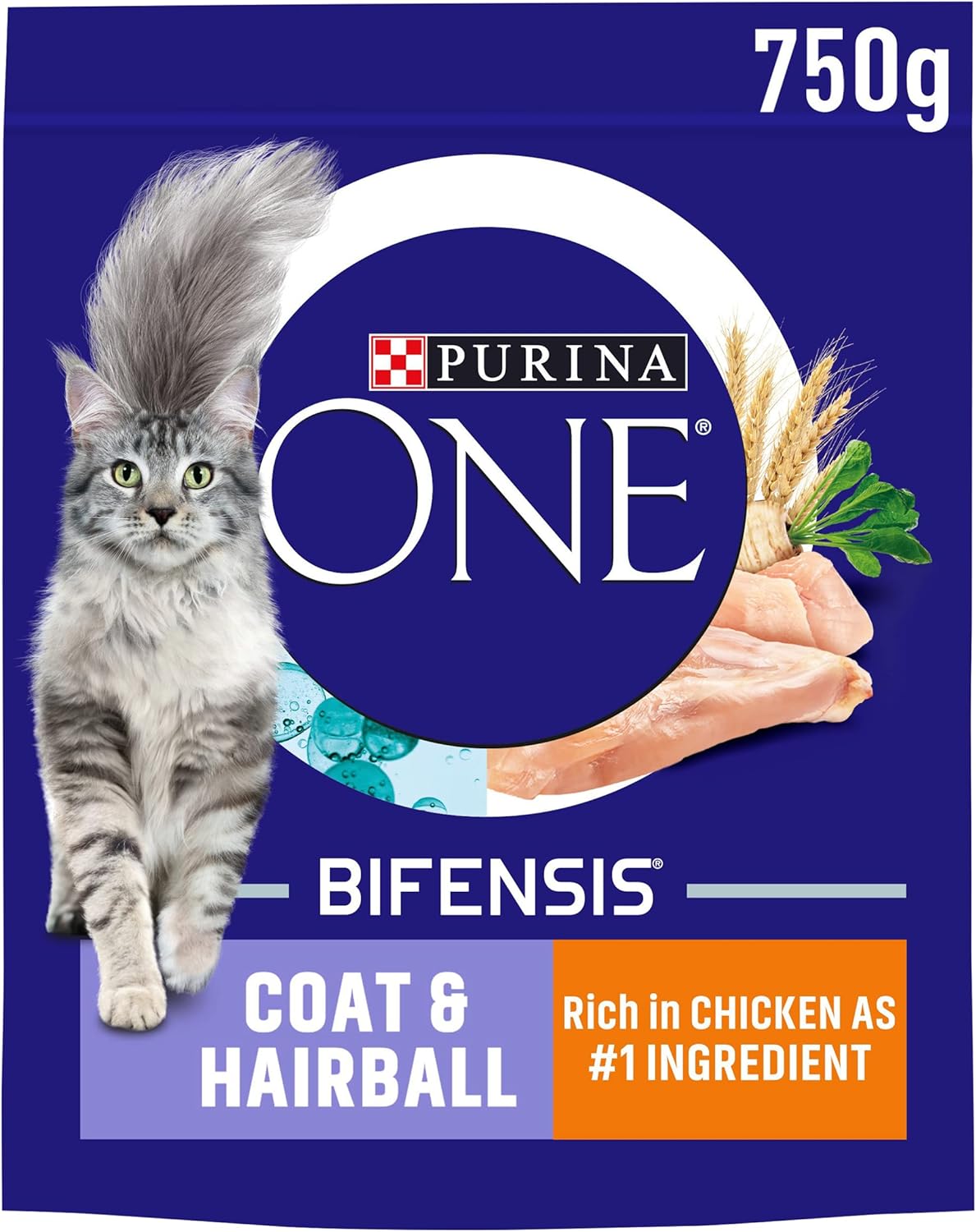 Purina ONE Adult Dry Cat Food Coat & Hairball, Rich in Chicken 750g, Pack of 4-0