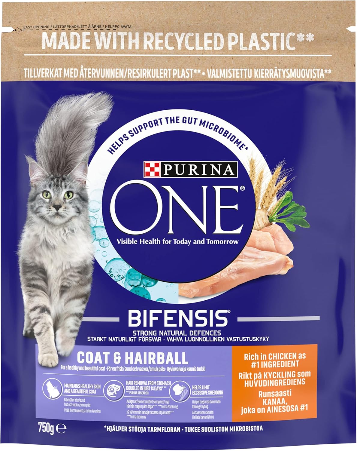 Purina ONE Adult Dry Cat Food Coat & Hairball, Rich in Chicken 750g, Pack of 4-1