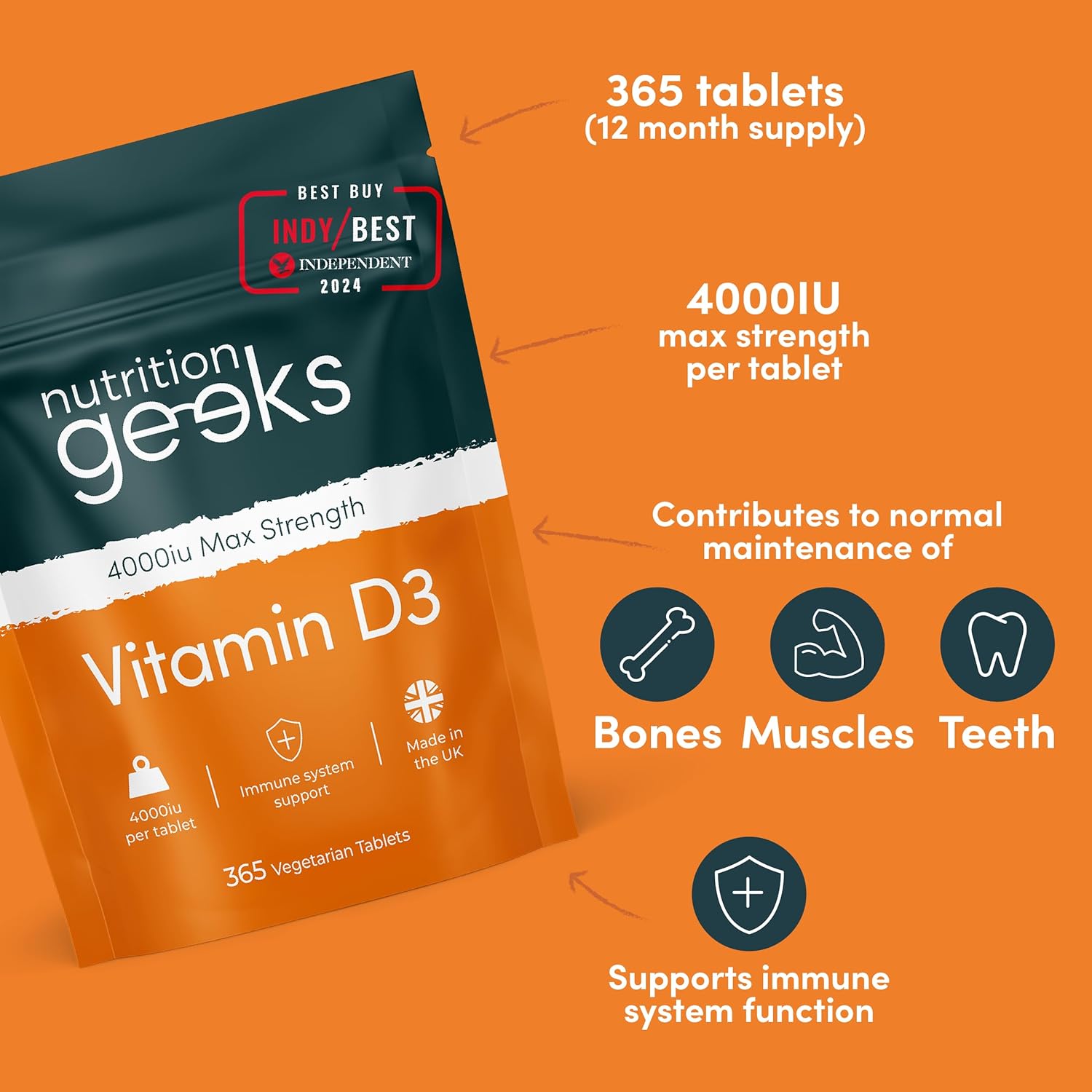 Vegetarian Vitamin D3 4000 iu - 1 Year Supply, 365 Easy-Swallow High Strength Vitamin D Supplement Tablets - UK Made VIT D & D3 Vitamins Awarded by The Independent-2