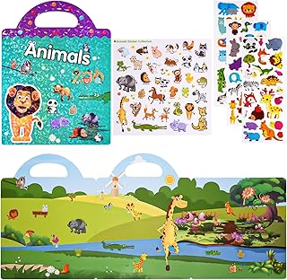 ASTARON 3D Sticker Scenes Book for Kids,88 Pcs Reusable Animals Jelly Stickers for Toddlers, Puffy Sticker Game Educational Sensory Learning Toy, Party Supplies Birthday Gift,4 Fold-Out Choices