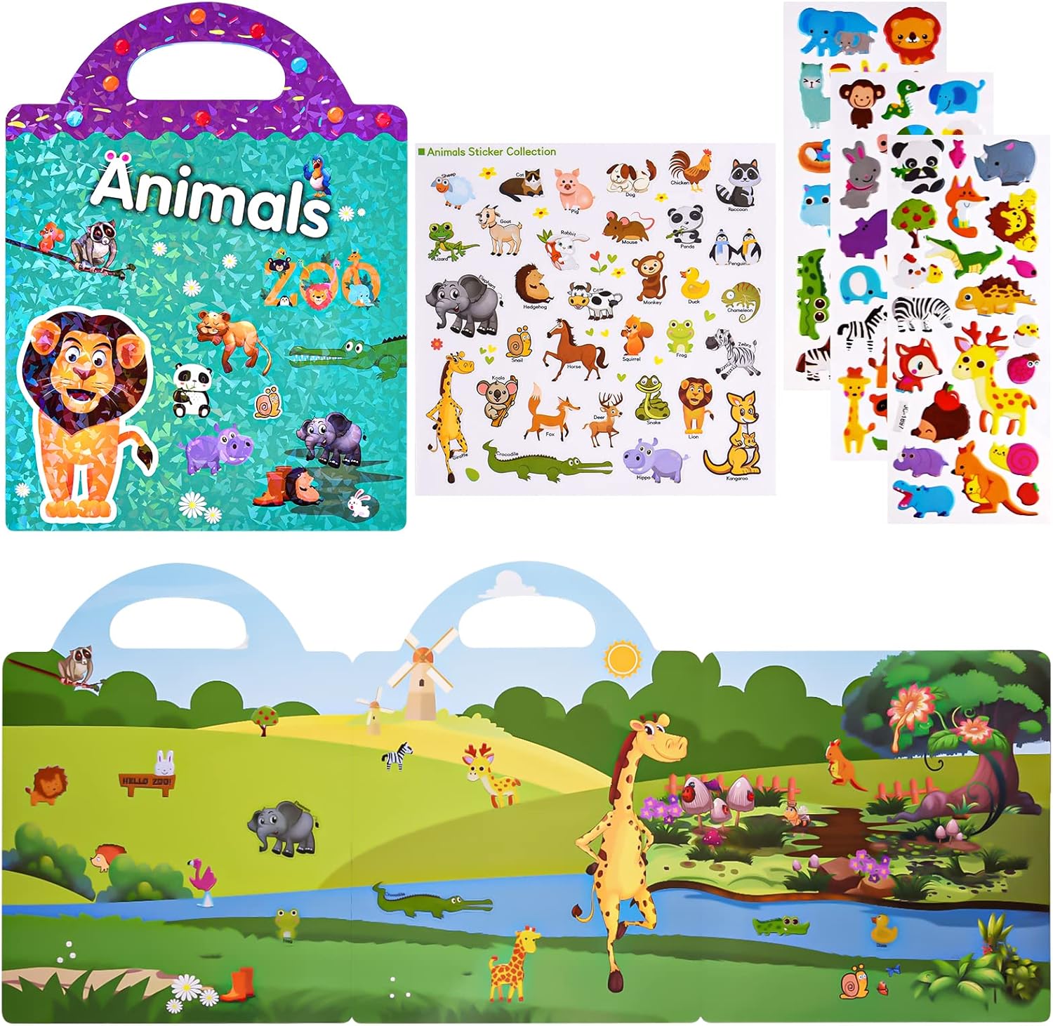 ASTARON 3D Sticker Scenes Book for Kids,88 Pcs Reusable Animals Jelly Stickers for Toddlers, Puffy Sticker Game Educational Sensory Learning Toy, Party Supplies Birthday Gift,4 Fold-Out Choices-0