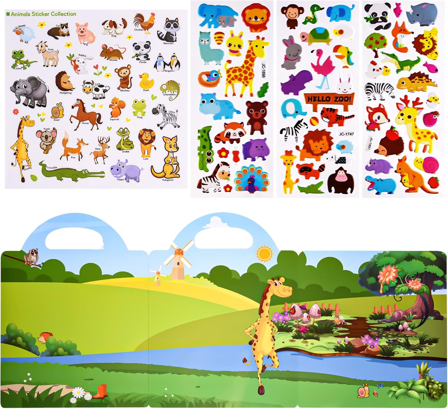 ASTARON 3D Sticker Scenes Book for Kids,88 Pcs Reusable Animals Jelly Stickers for Toddlers, Puffy Sticker Game Educational Sensory Learning Toy, Party Supplies Birthday Gift,4 Fold-Out Choices-2