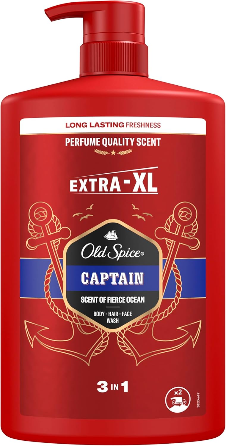 Old Spice Captain Shower Gel Men 1000ml, 3-in-1 Mens Shampoo Body-Hair-Face Wash, Long-lasting Fresh VALUE PACK 1L With Pump-0