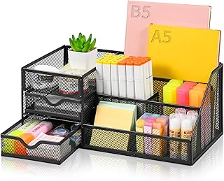 Marbrasse Mesh Desk Organizer with Drawers, Multifunctional Desk Organizers and Accessories with 6 Compartments + 2 Drawer, Office Desktop Organization for Supplies (Black)