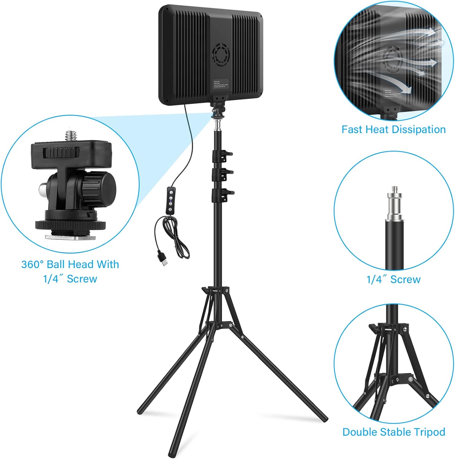 2 Pack LED Video Light with 63'' Tripod Stand, Obeamiu 2500-8500K Dimmable Photography Studio Lighting for Video Film Recording/Collection Portrait/Live Game Streaming/YouTube Podcast, USB Charger-3