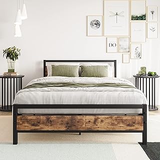 BOFENG Double Bed Frames with Wood Headboard,Heavy Duty Metal Platform Bed Frame Double Bed No Box Spring Needed,Mattress Base/Under Bed Storage/Sturdy Steel Slat Support