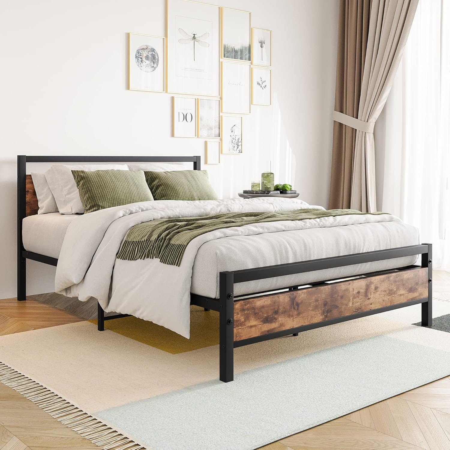 BOFENG Double Bed Frames with Wood Headboard,Heavy Duty Metal Platform Bed Frame Double Bed No Box Spring Needed,Mattress Base/Under Bed Storage/Sturdy Steel Slat Support-2