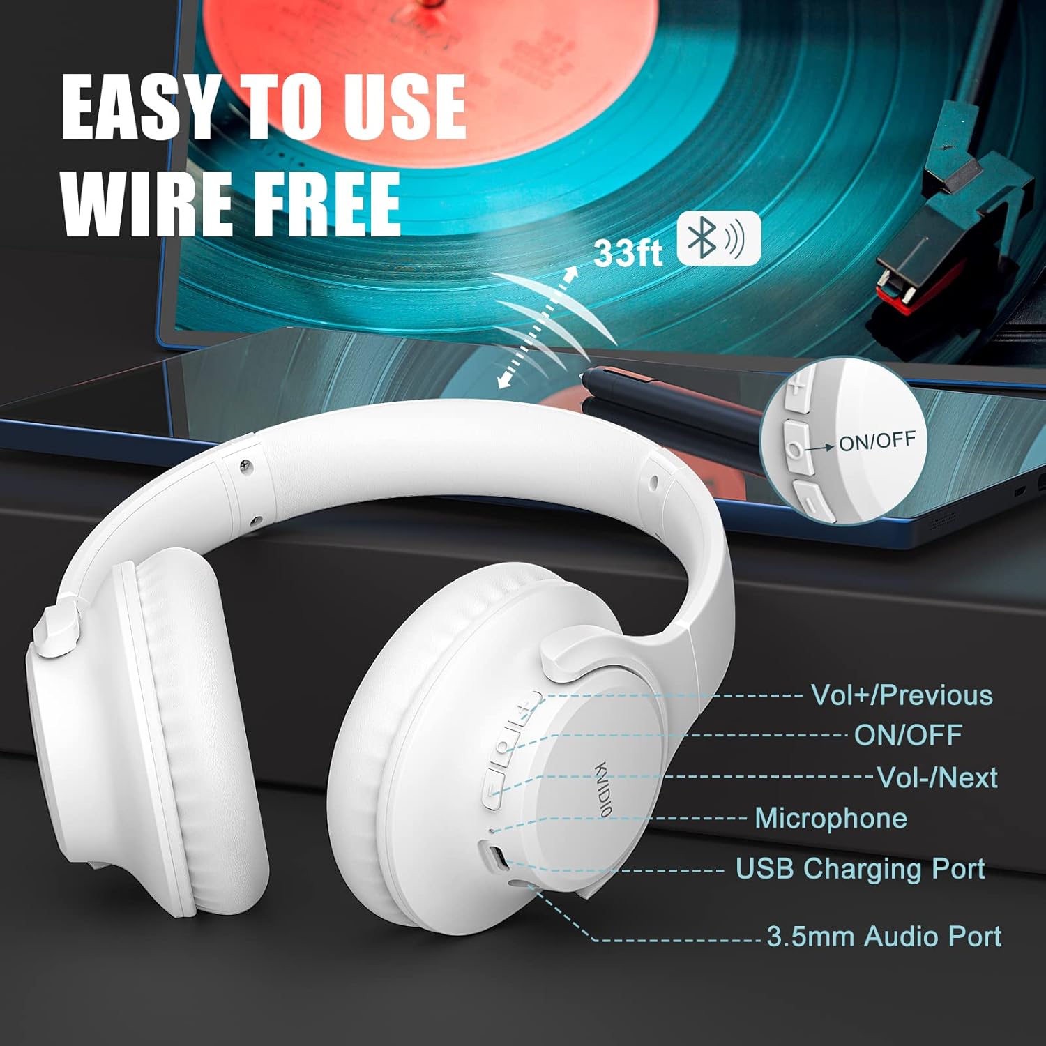 KVIDIO Bluetooth Headphones Over Ear, 65 Hours Playtime Wireless Headphones with Microphone, Foldable Lightweight Headset with Deep Bass,HiFi Stereo Sound for Travel Work PC Cellphone (White)-2