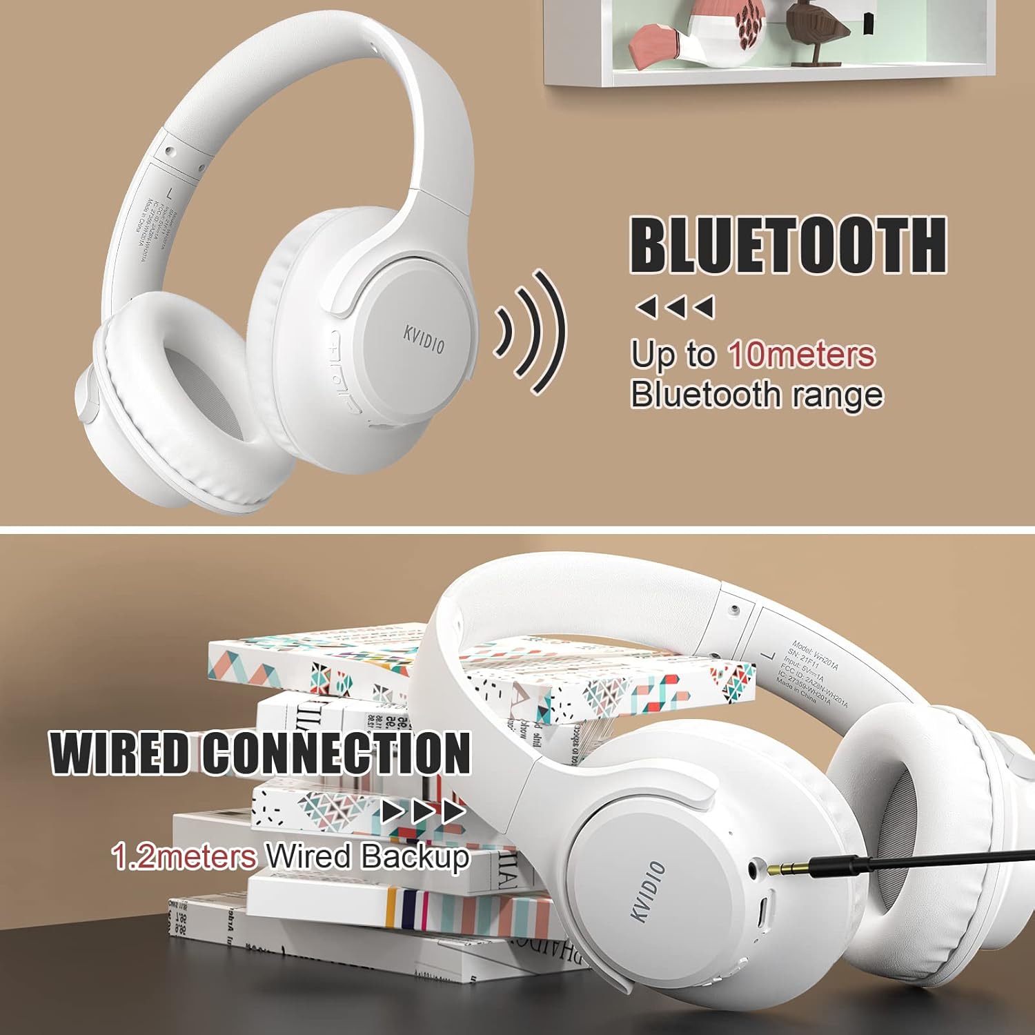 KVIDIO Bluetooth Headphones Over Ear, 65 Hours Playtime Wireless Headphones with Microphone, Foldable Lightweight Headset with Deep Bass,HiFi Stereo Sound for Travel Work PC Cellphone (White)-4