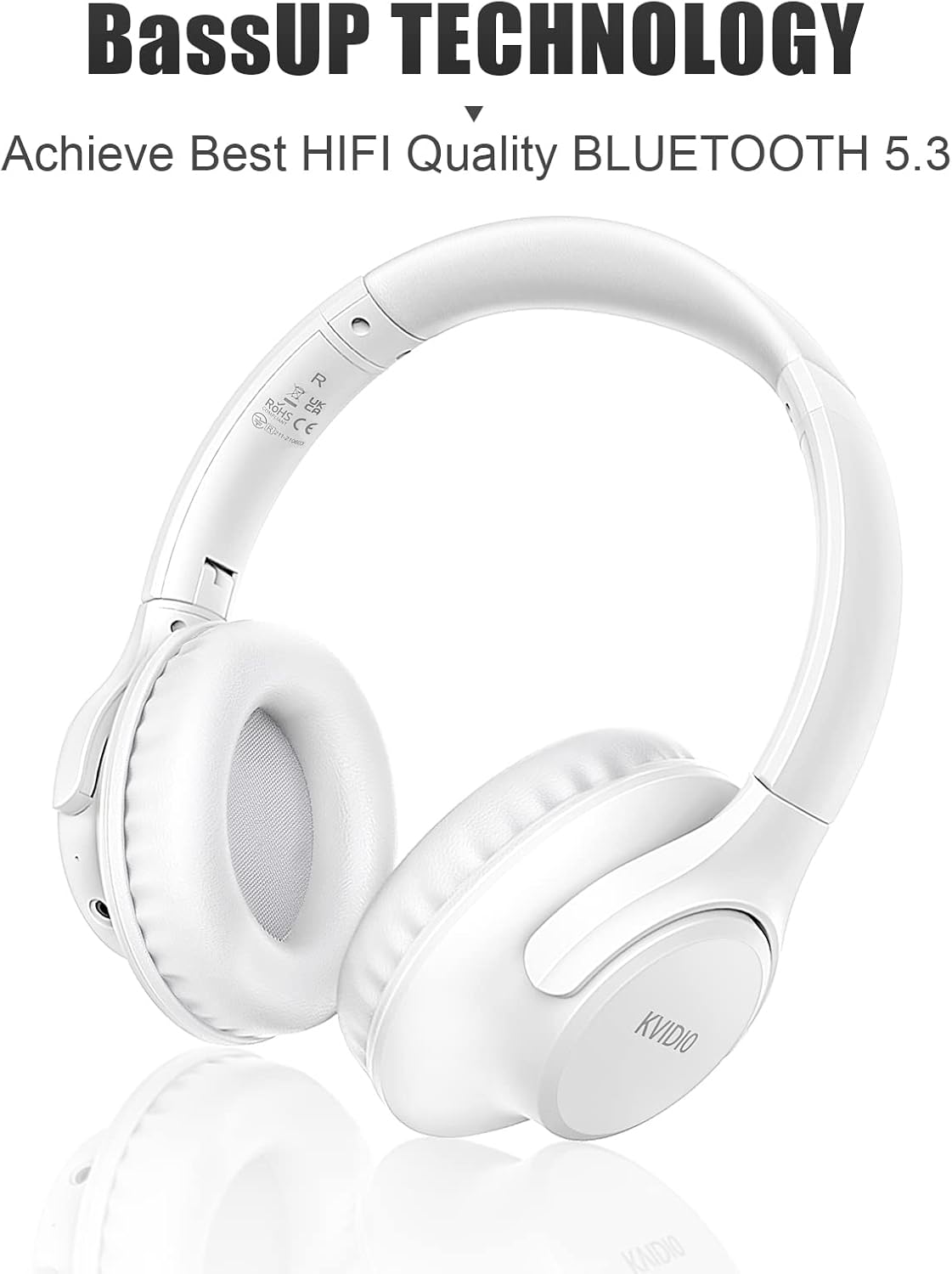 KVIDIO Bluetooth Headphones Over Ear, 65 Hours Playtime Wireless Headphones with Microphone, Foldable Lightweight Headset with Deep Bass,HiFi Stereo Sound for Travel Work PC Cellphone (White)-6