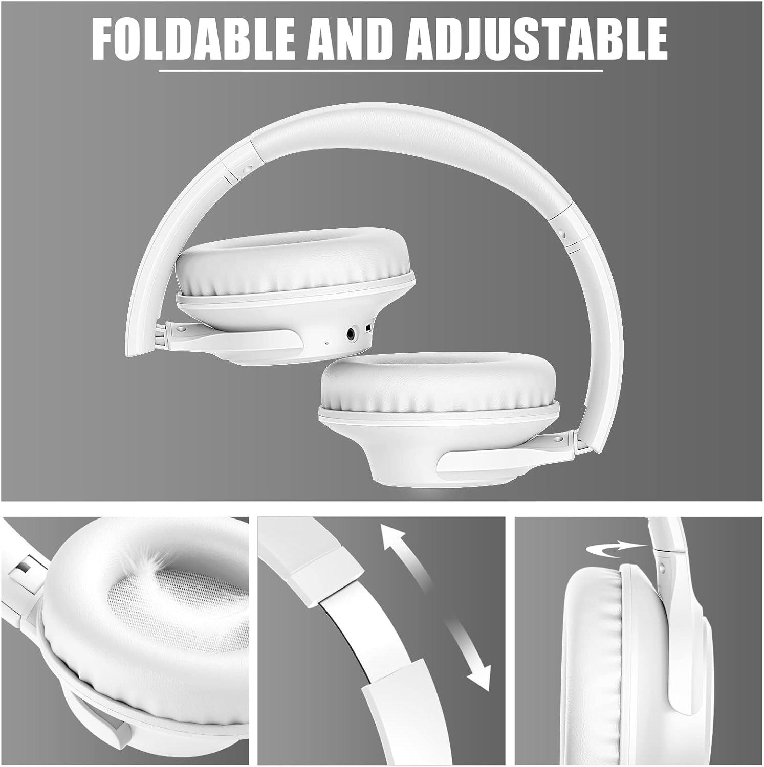 KVIDIO Bluetooth Headphones Over Ear, 65 Hours Playtime Wireless Headphones with Microphone, Foldable Lightweight Headset with Deep Bass,HiFi Stereo Sound for Travel Work PC Cellphone (White)-7