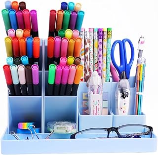 OFFCUP Desk Organiser, Multi-Functional Stationery Organizer, Pen Holder Storage Box Desk Tidy Pen Holder Desktop Storage Organizer for School Home Office Art Supplies (Blue)