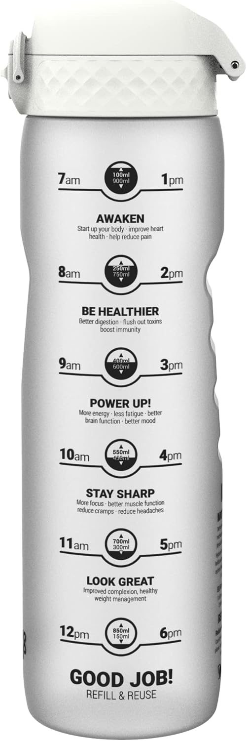 Ion8 1 Litre Water Bottle with Times to Drink, Leak Proof, Flip Lid, Carry Handle, Dishwasher Safe, BPA Free, Soft Touch Contoured Grip, Ideal for Gym, Health and Fitness, 32 oz, White-1