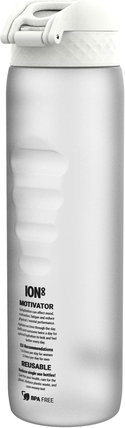 Ion8 1 Litre Water Bottle with Times to Drink, Leak Proof, Flip Lid, Carry Handle, Dishwasher Safe, BPA Free, Soft Touch Contoured Grip, Ideal for Gym, Health and Fitness, 32 oz, White-2