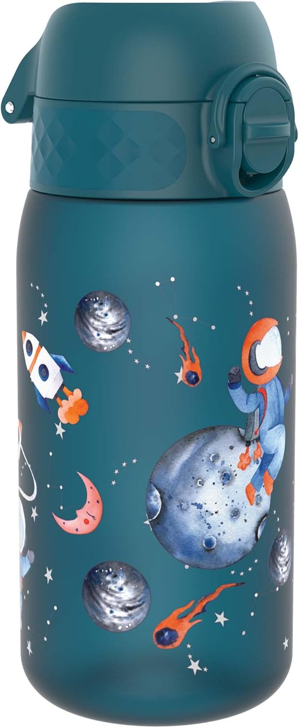 Ion8 Kids Water Bottle, 350 ml/12 oz, Leak Proof, Easy to Open, Secure Lock, Dishwasher Safe, BPA Free, Carry Handle, Hygienic Flip Cover, Easy Clean, Odour Free, Carbon Neutral, Space Travel Design-0