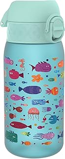 Ion8 Kids Water Bottle, 350 ml/12 oz, Leak Proof, Easy to Open, Secure Lock, Dishwasher Safe, BPA Free, Carry Handle, Hygienic Flip Cover, Easy Clean, Odour Free, Carbon Neutral, Free Fish Design