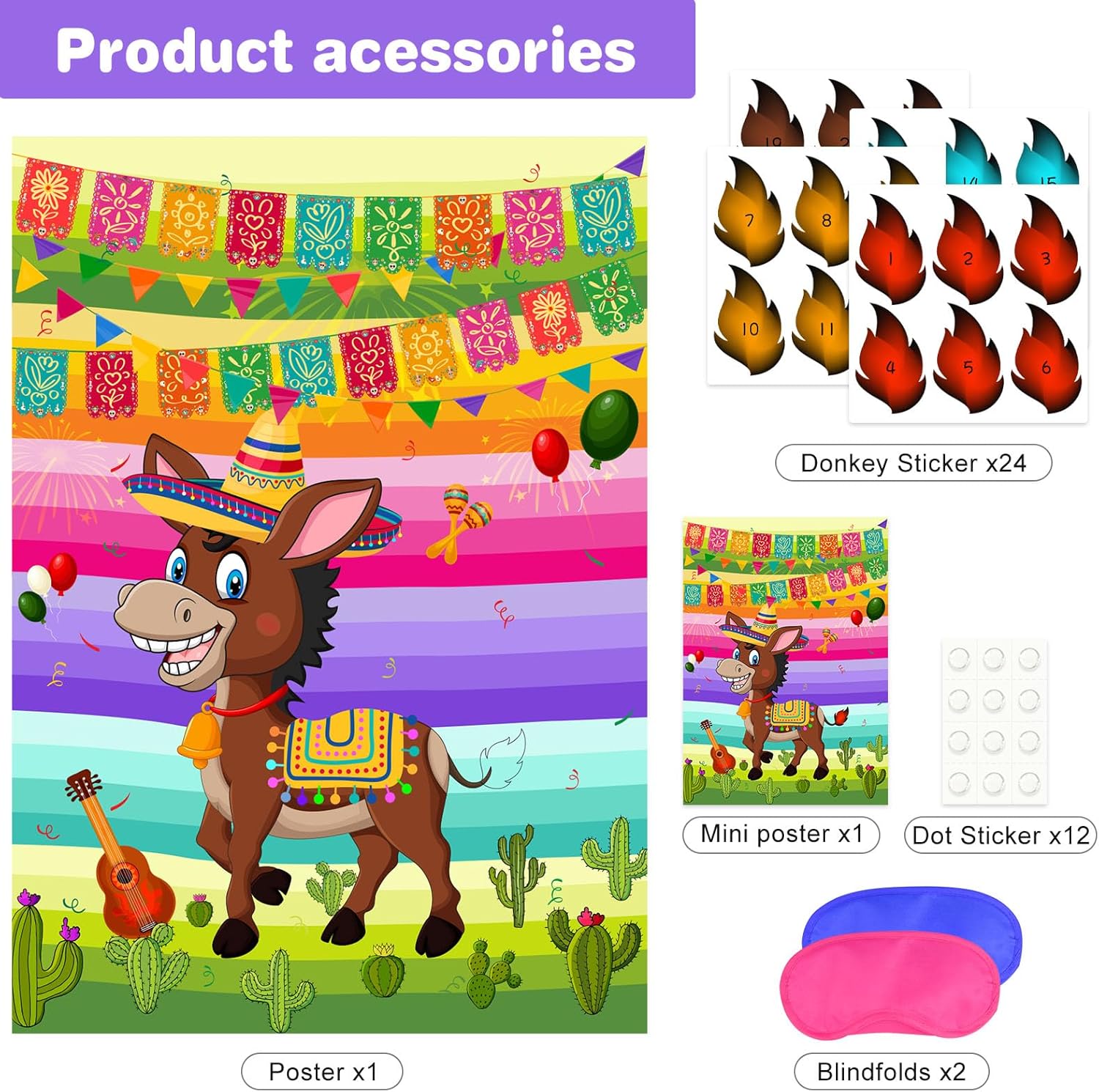 NEBURORA Pin the Tail on The Donkey Mexican Donkey Game With 24Pcs Tails Cinco De Mayo Party Mexican Party Fiesta Themed Taco Party Decorations Kids Birthday Supplies-2