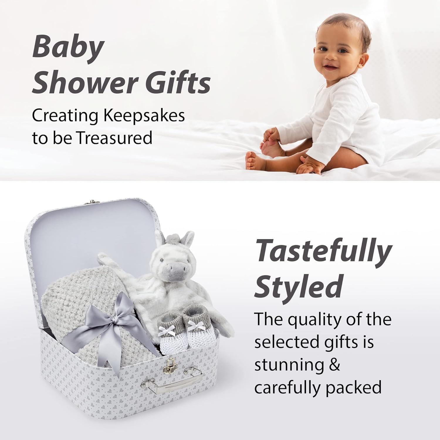 Baby Box Shop New Baby Gifts Set - 3 Baby Essentials and a Newborn Hamper Create a Premium Newborn Gift Set, New Baby Hamper Basket Girl, New Born Baby Gift - Baby Shower Hamper for Newborn - Zebra-2