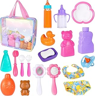 Aolso 20 Pcs Baby Doll Accessories Toy Set, Include Magic Baby Doll Milk Bottle and Dummy, Spoons and Forks and Dinner Plate, Handbags, Comb Mirrors, Bib Shorts and Bathroom Accessories