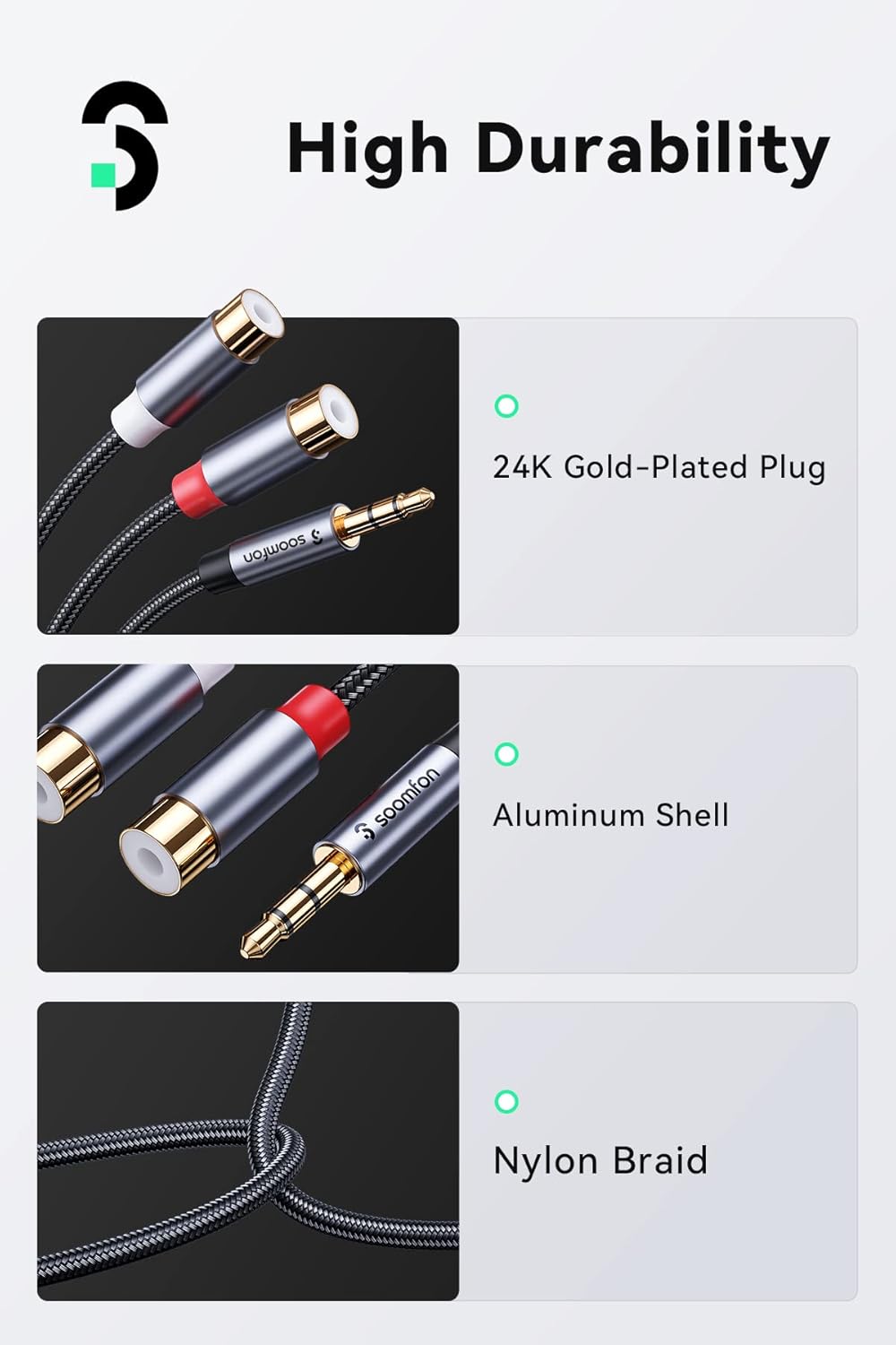 SOOMFON 3.5mm to RCA Audio Cable RCA Female to 3.5mm Aux Male Phono Cable Red and White to Headphone Adapter Gold-Plated Plugs RCA Y Splitter for Speaker Amplifier DVD Player 0.8FT-4