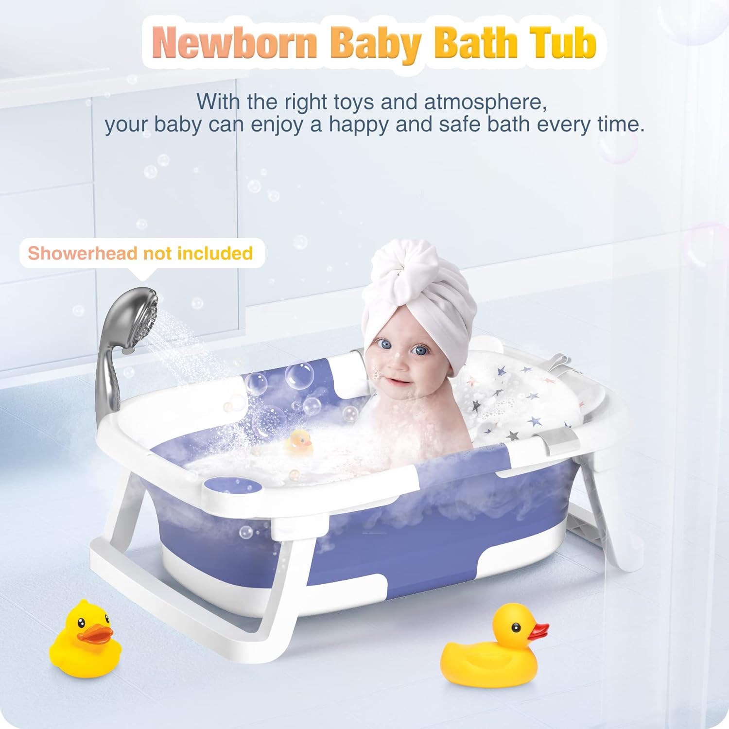 Rabb 1st Baby Bathtub Foldable，Baby Bath Essentials Baby Bathtub Newborn to Toddler Portable Travel Multifunctional Baby Bath Tub with Non-Slip Mat, Drain Hole.(No Thermometer)(Blue + Bath Mat)-1