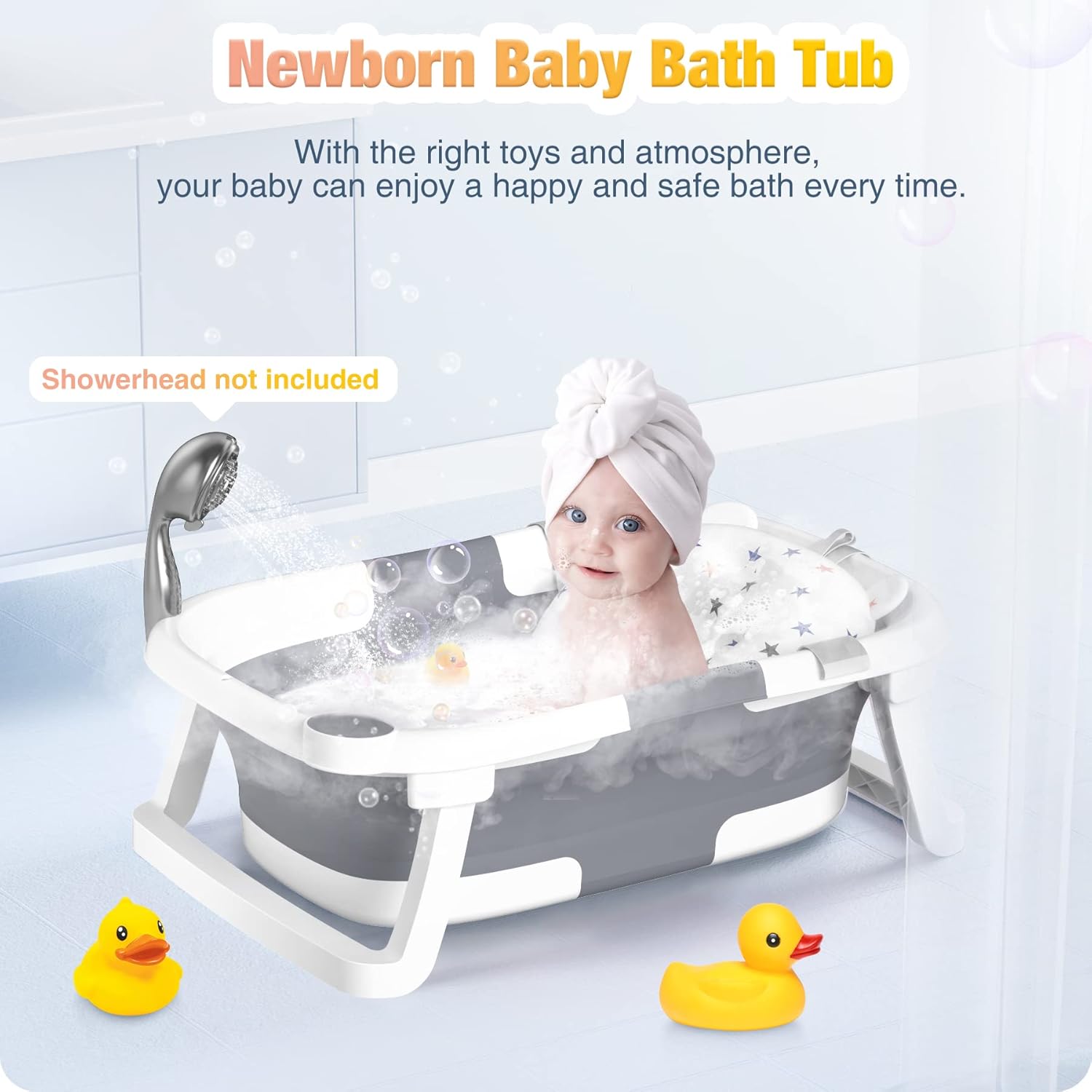 Rabb 1st Baby Bathtub Foldable，Baby Bath Essentials Baby Bathtub Newborn to Toddler Portable Travel Multifunctional Baby Bath Tub with Non-Slip Mat, Drain Hole.(No Thermometer)(Grey + Bath Mat)-1