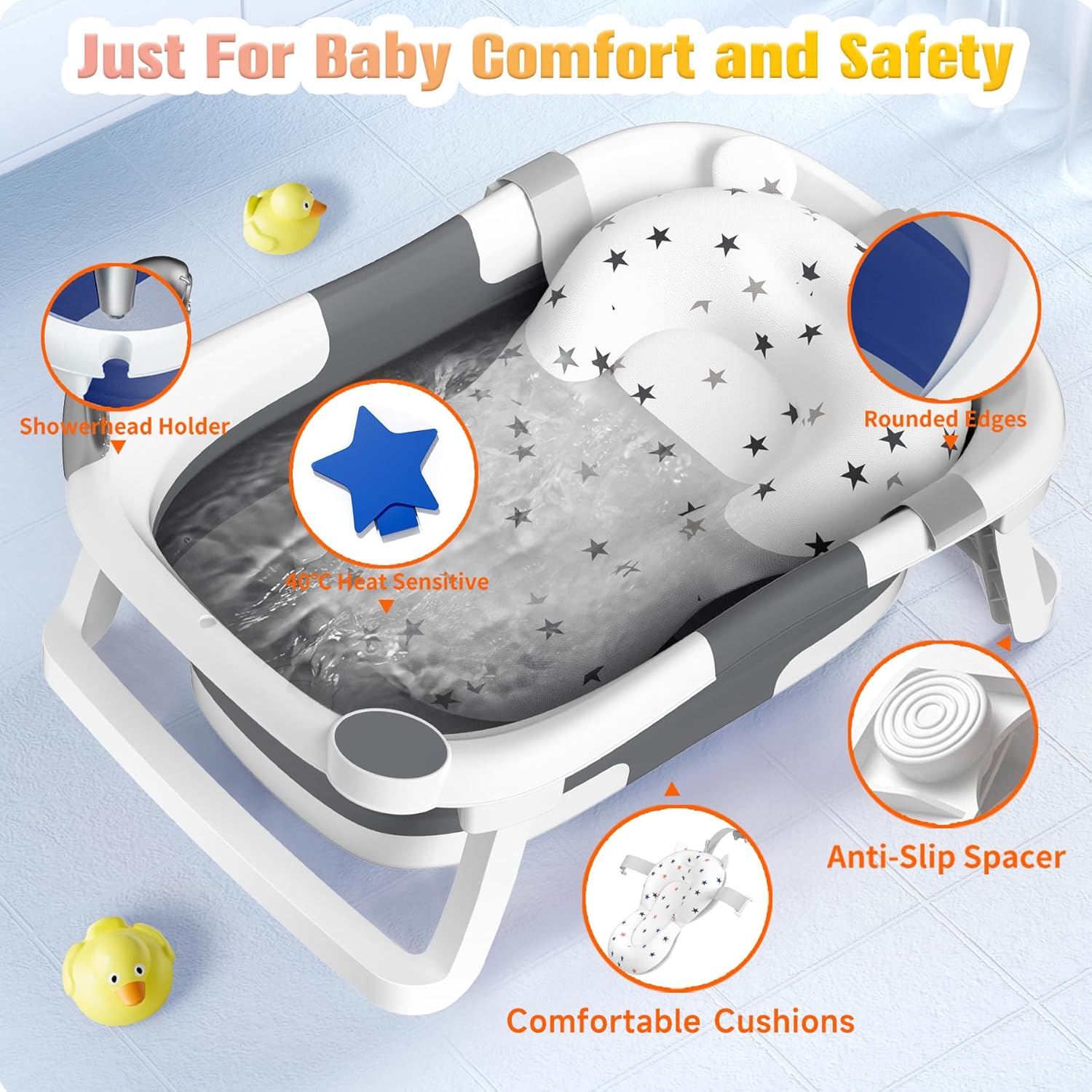 Rabb 1st Baby Bathtub Foldable，Baby Bath Essentials Baby Bathtub Newborn to Toddler Portable Travel Multifunctional Baby Bath Tub with Non-Slip Mat, Drain Hole.(No Thermometer)(Grey + Bath Mat)-5