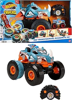 Hot Wheels Monster Trucks Remote Control Car, HW Transforming Rhinomite in 1:12 Scale with 1:64 Scale Race Ace Toy Truck, Converts into Launcher, Connects to Orange Track, HPK27