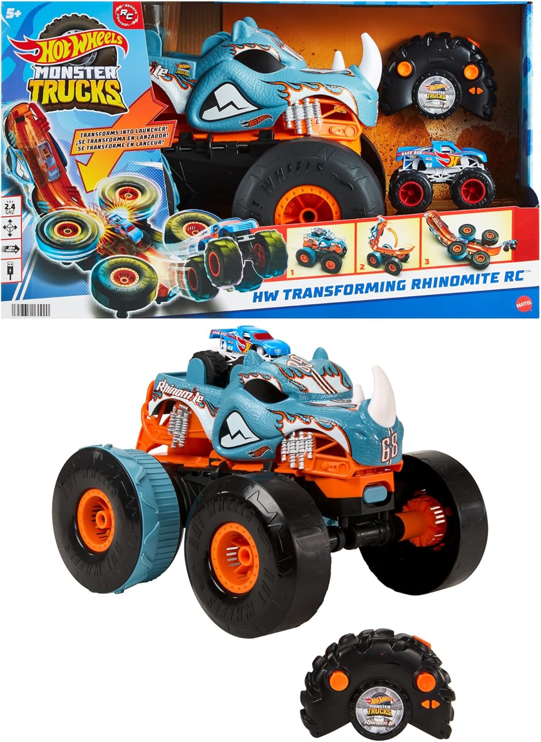 Hot Wheels Monster Trucks Remote Control Car, HW Transforming Rhinomite in 1:12 Scale with 1:64 Scale Race Ace Toy Truck, Converts into Launcher, Connects to Orange Track, HPK27-0