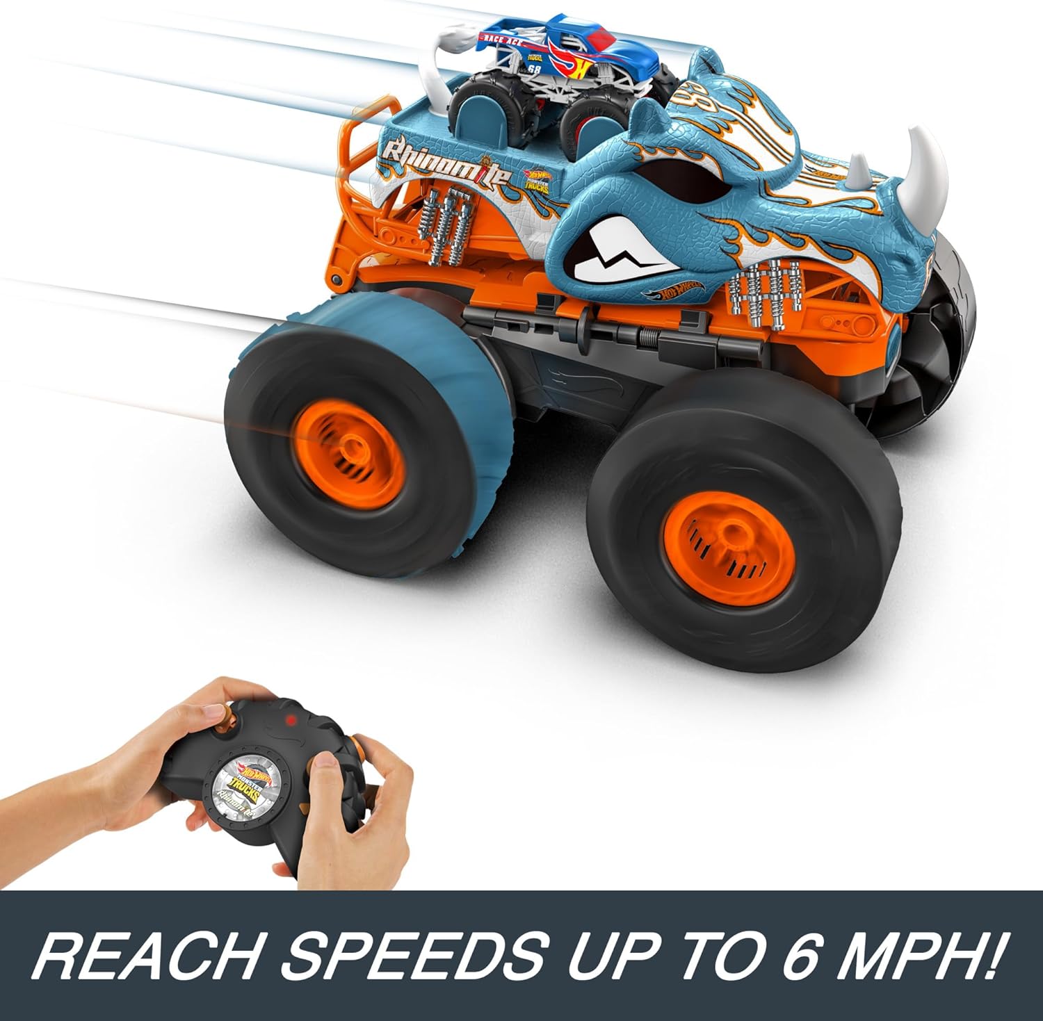 Hot Wheels Monster Trucks Remote Control Car, HW Transforming Rhinomite in 1:12 Scale with 1:64 Scale Race Ace Toy Truck, Converts into Launcher, Connects to Orange Track, HPK27-2