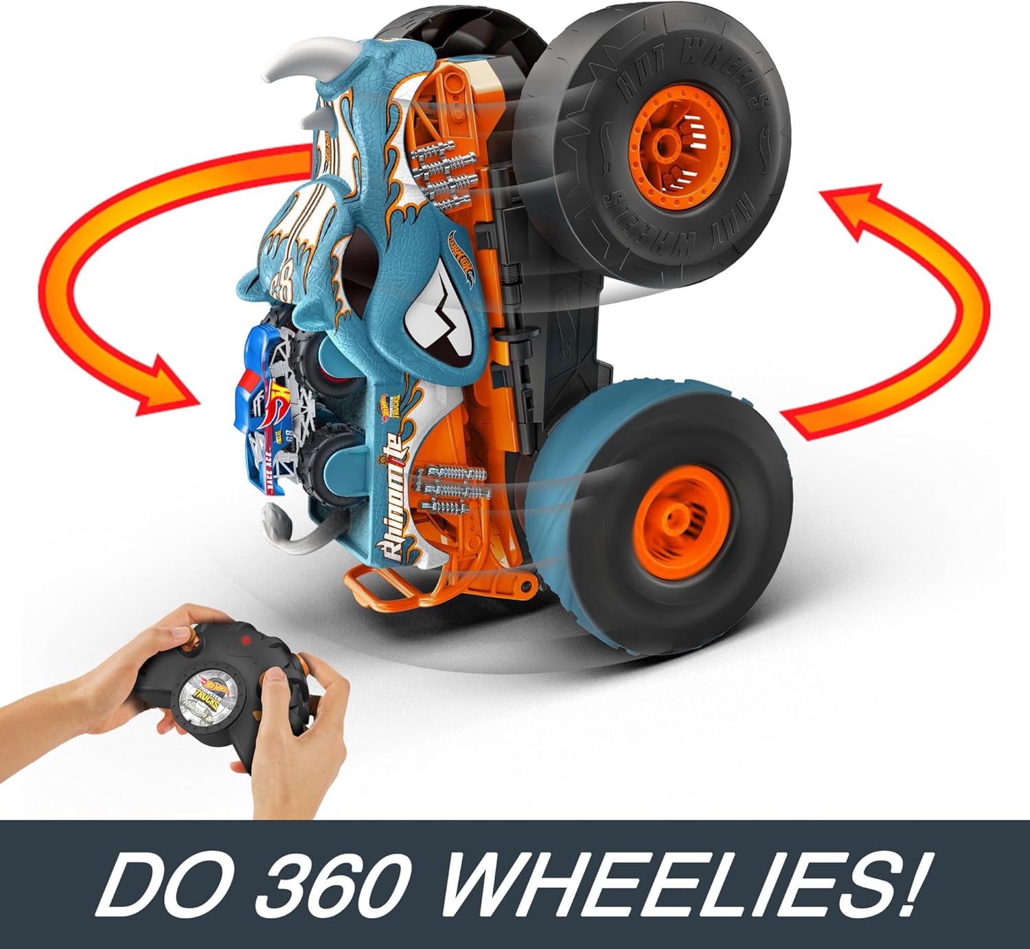 Hot Wheels Monster Trucks Remote Control Car, HW Transforming Rhinomite in 1:12 Scale with 1:64 Scale Race Ace Toy Truck, Converts into Launcher, Connects to Orange Track, HPK27-3