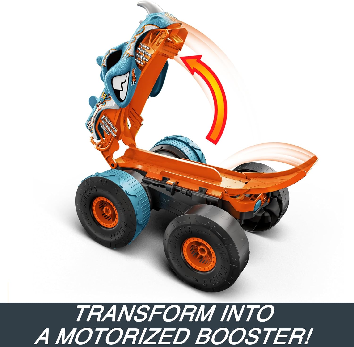 Hot Wheels Monster Trucks Remote Control Car, HW Transforming Rhinomite in 1:12 Scale with 1:64 Scale Race Ace Toy Truck, Converts into Launcher, Connects to Orange Track, HPK27-4