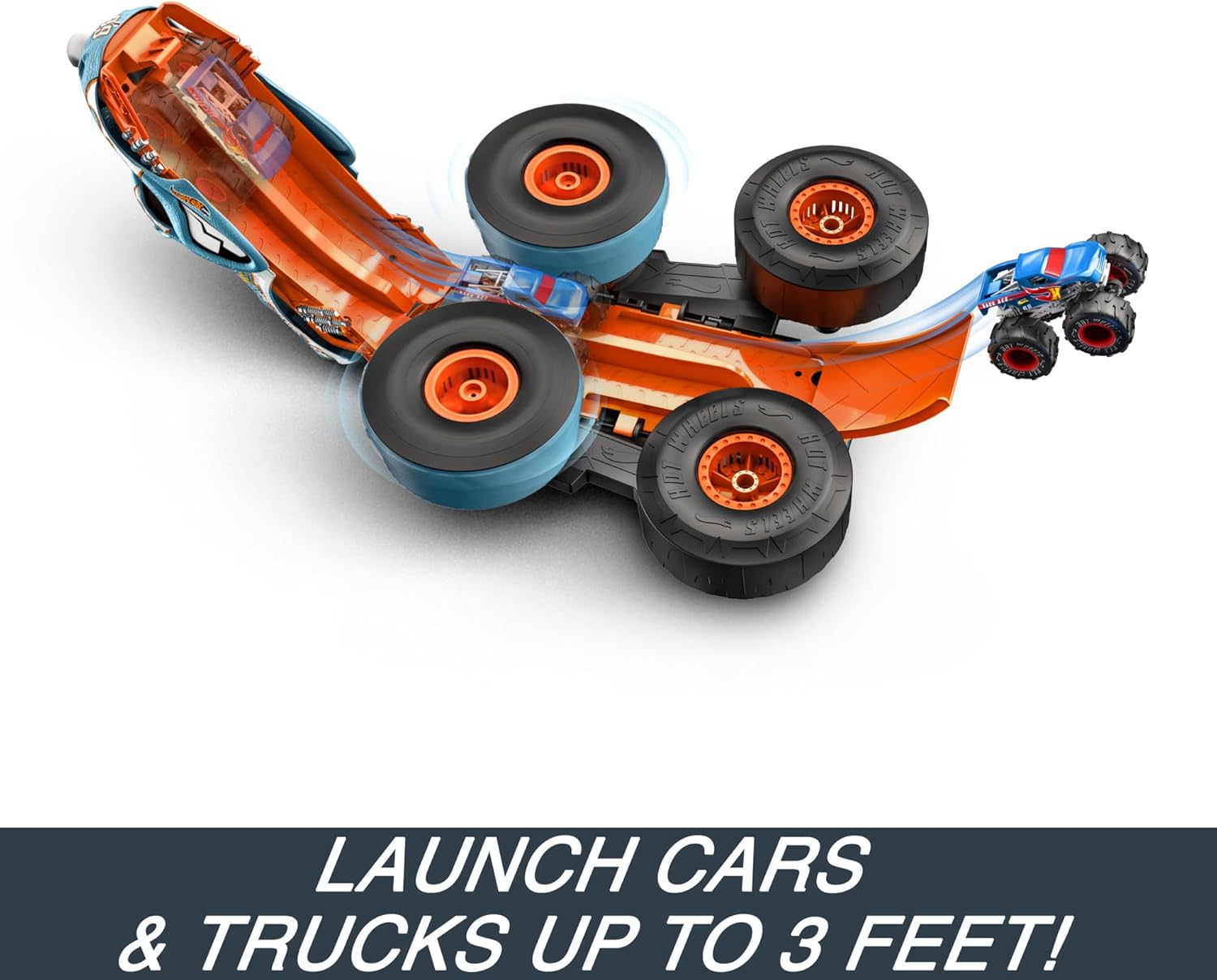 Hot Wheels Monster Trucks Remote Control Car, HW Transforming Rhinomite in 1:12 Scale with 1:64 Scale Race Ace Toy Truck, Converts into Launcher, Connects to Orange Track, HPK27-5