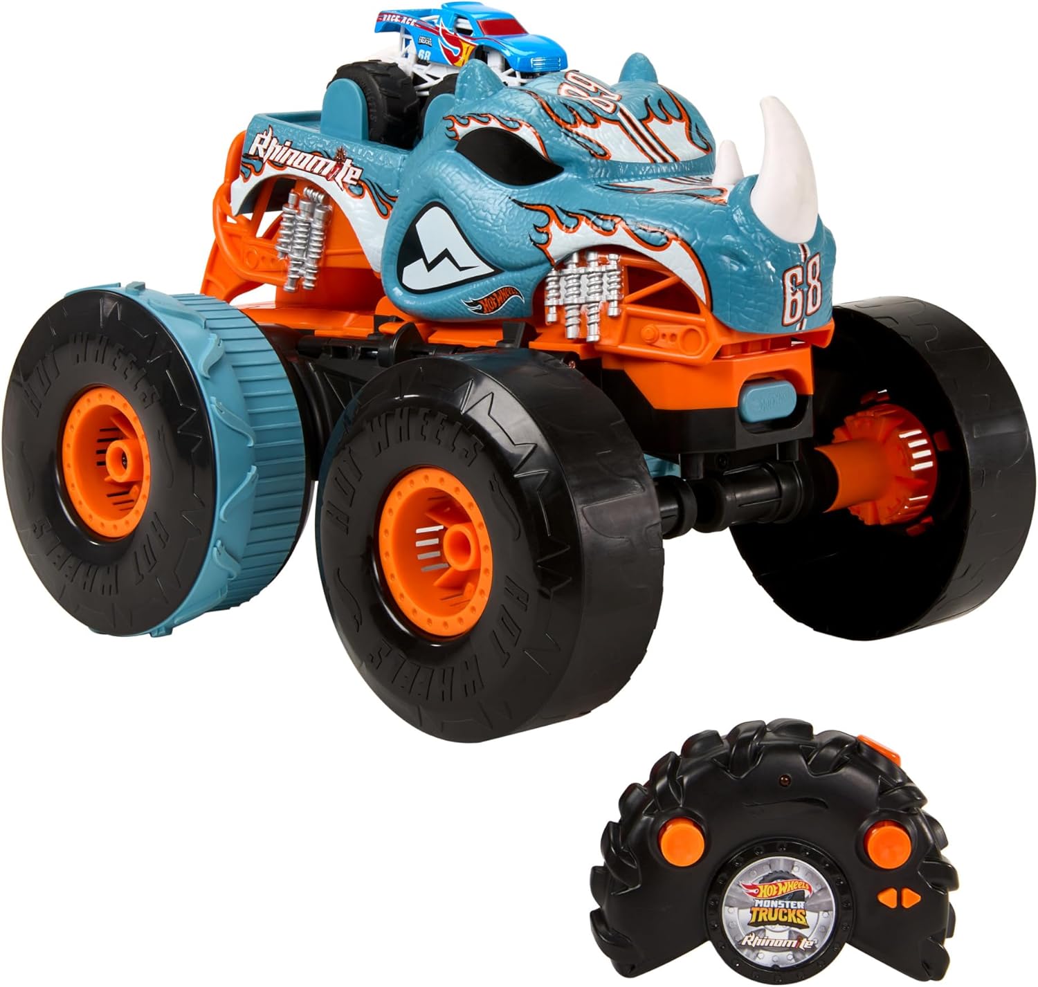 Hot Wheels Monster Trucks Remote Control Car, HW Transforming Rhinomite in 1:12 Scale with 1:64 Scale Race Ace Toy Truck, Converts into Launcher, Connects to Orange Track, HPK27-6