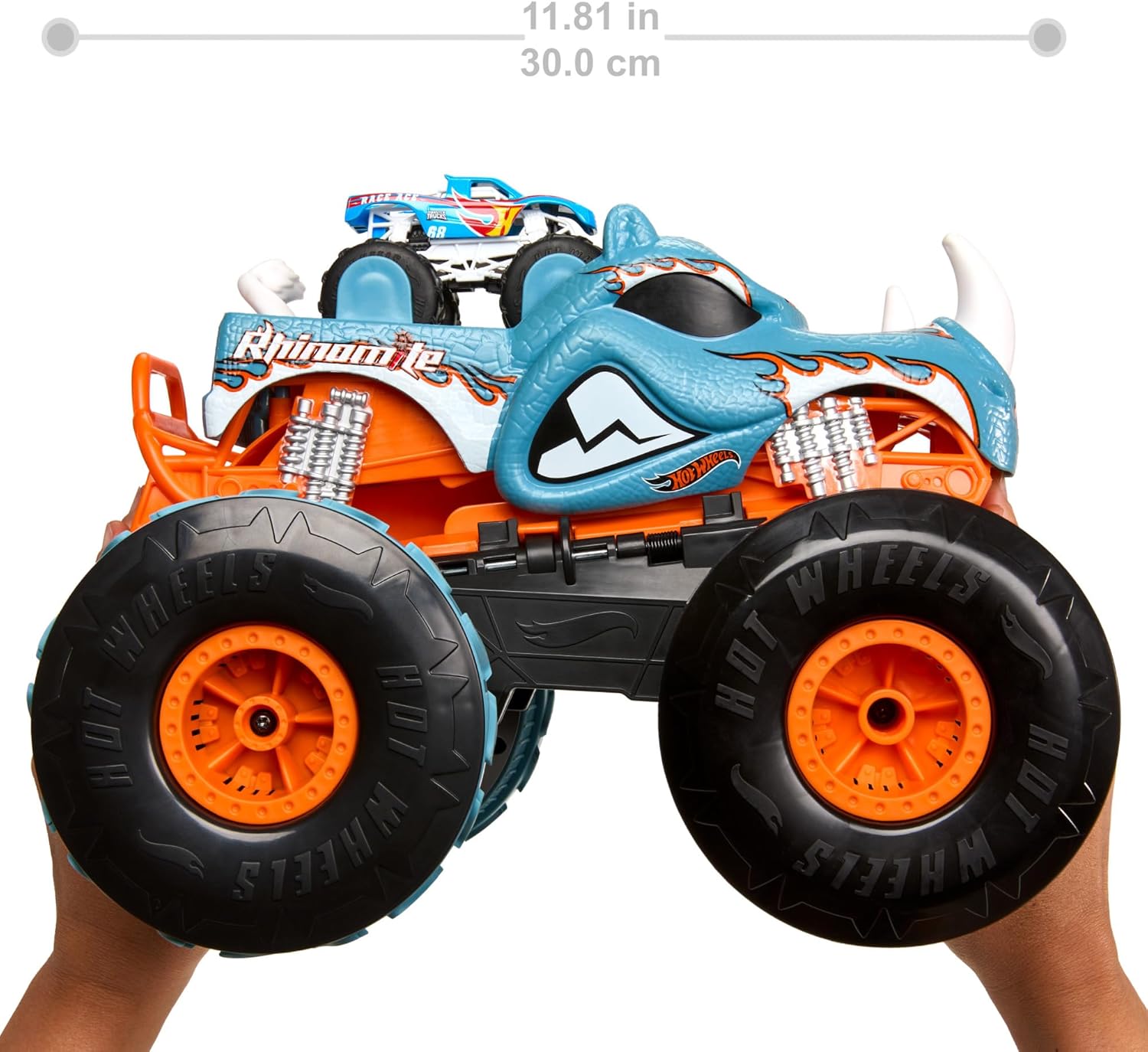 Hot Wheels Monster Trucks Remote Control Car, HW Transforming Rhinomite in 1:12 Scale with 1:64 Scale Race Ace Toy Truck, Converts into Launcher, Connects to Orange Track, HPK27-7