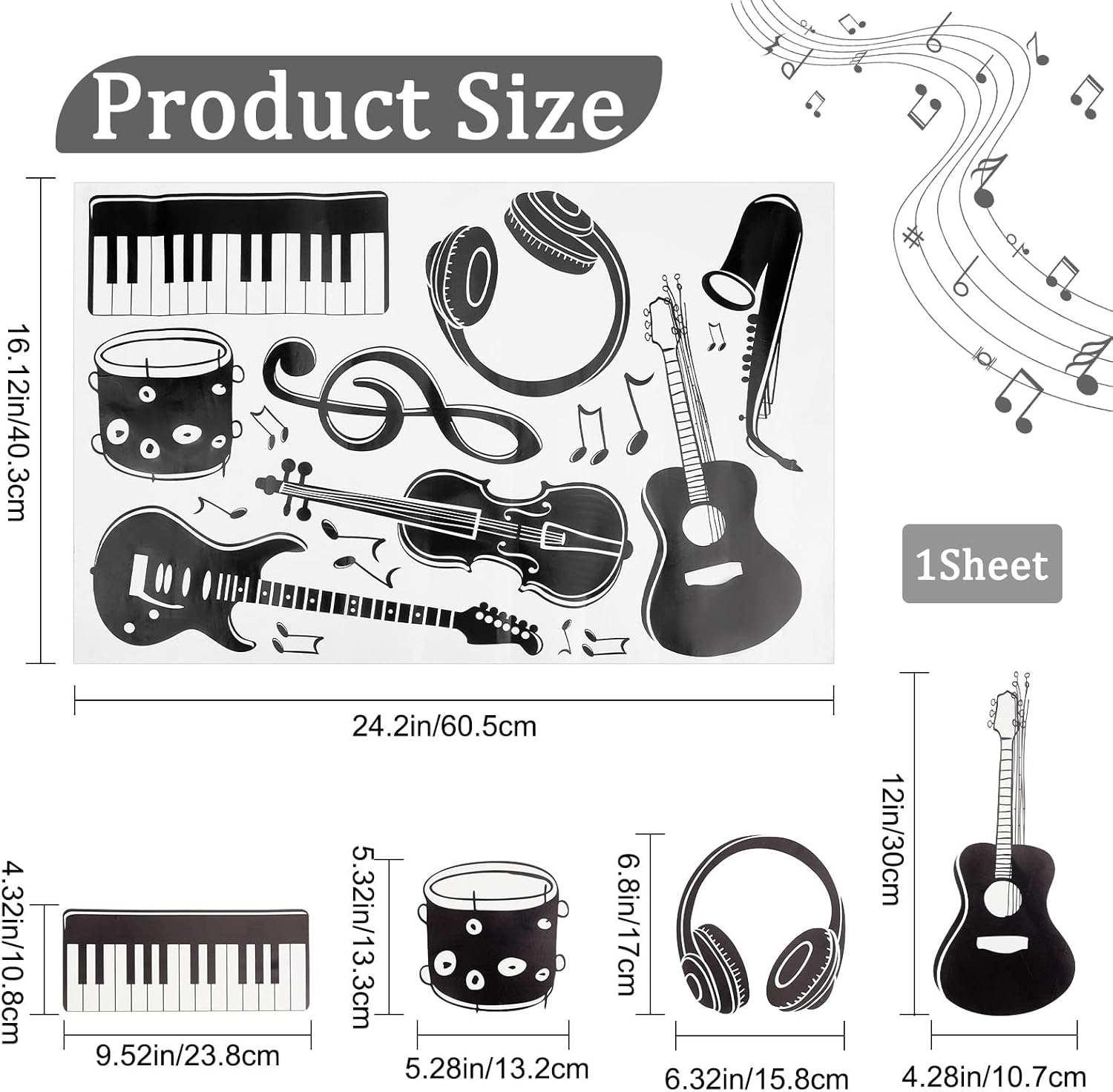 GORGECRAFT PVC Wall Sticker Music Notes Wall Decals Black Musical Instruments Wall Decor Removable Guitar Piano DJ Head Phone Drums Saxophone Stickers for Music Studio Bedroom Art Room Decoration-1