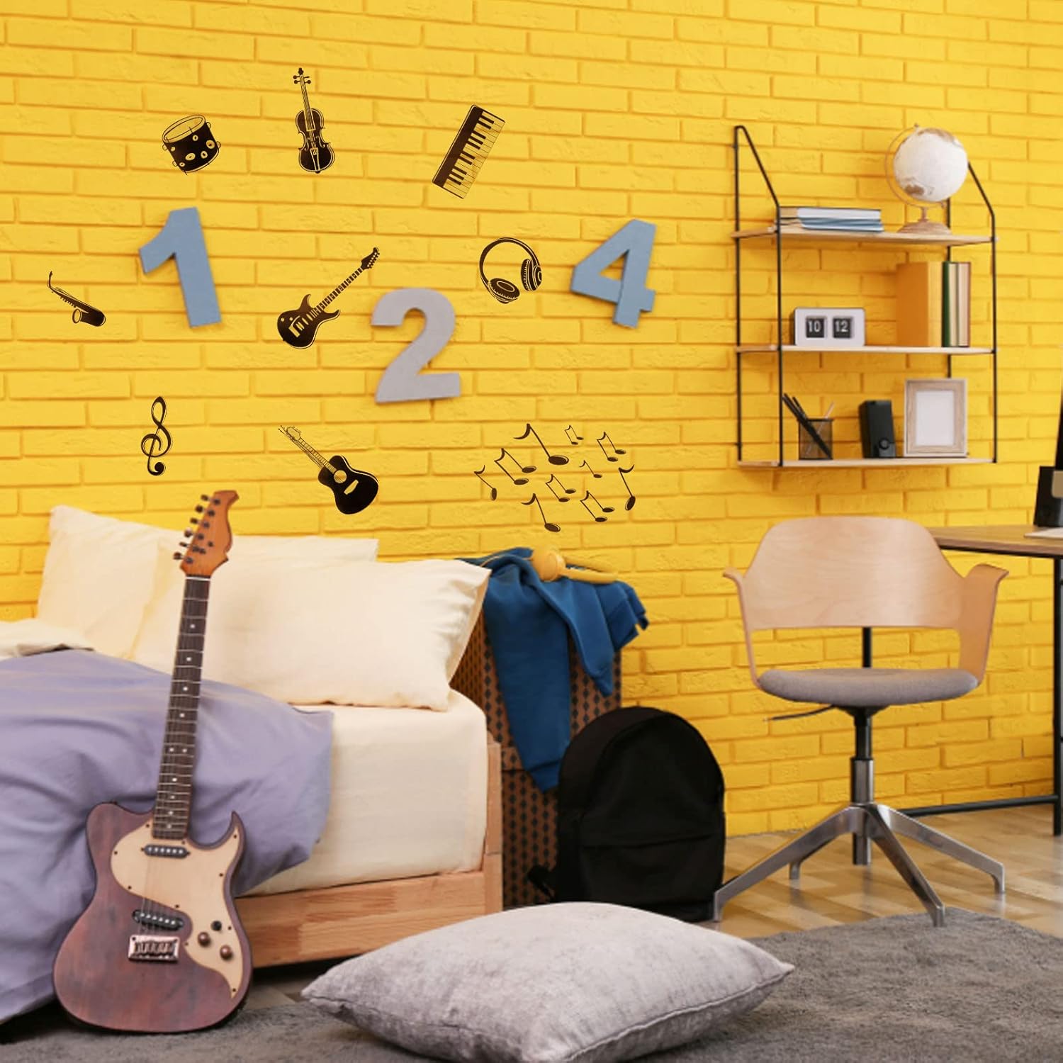 GORGECRAFT PVC Wall Sticker Music Notes Wall Decals Black Musical Instruments Wall Decor Removable Guitar Piano DJ Head Phone Drums Saxophone Stickers for Music Studio Bedroom Art Room Decoration-6