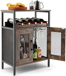 TANGZON Wine Bar Cabinet, Drinks Storage Sideboard with Glass Holder and Removable Bottle Shelf, Freestanding Organizer Cupboard Unit for Home Kitchen