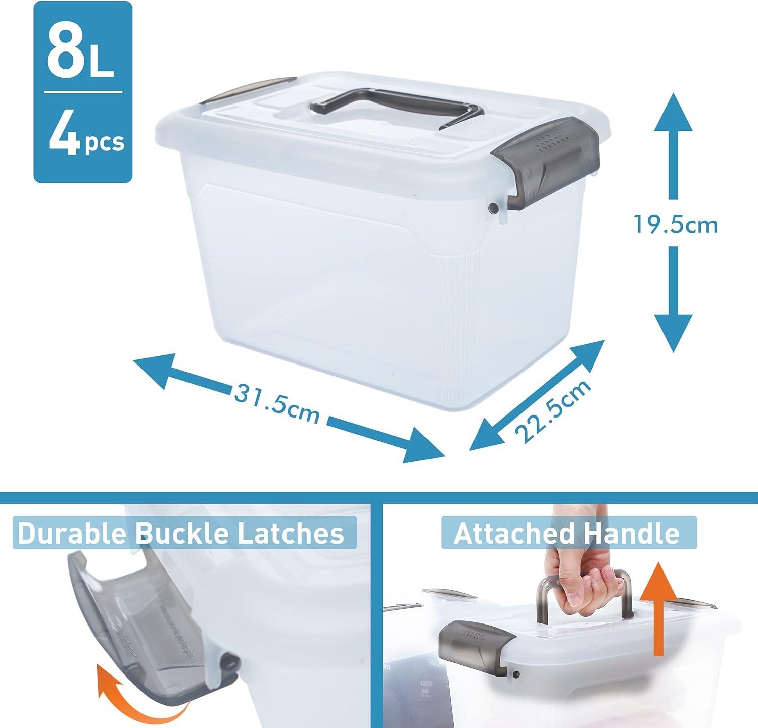 Citylife 4 Packs 8L Storage Boxes with Lids Clear Plastic Storage Box with Handle Stackable Storage Boxes, 31.5 * 22.5 * 19.5cm-1