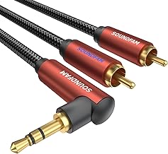 SOUNDFAM 3.5mm Aux to RCA Audio Cable 3m, 90 Degree Right Angle 3.5mm TRS Male to 2RCA Male Y Splitter Cable 24K Gold-Plated Double Shielded for Smartphone, Speaker, MP3, Tablet & More