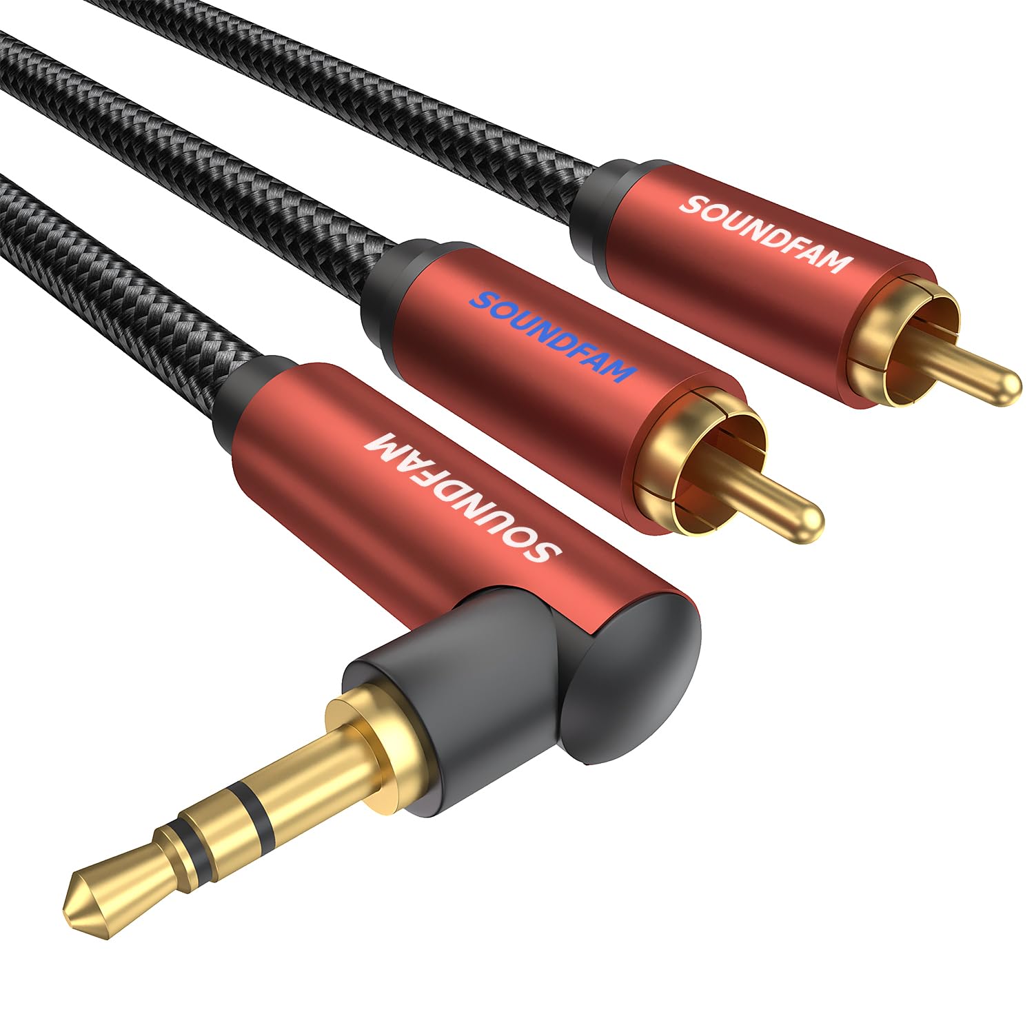 SOUNDFAM 3.5mm Aux to RCA Audio Cable 3m, 90 Degree Right Angle 3.5mm TRS Male to 2RCA Male Y Splitter Cable 24K Gold-Plated Double Shielded for Smartphone, Speaker, MP3, Tablet & More-0