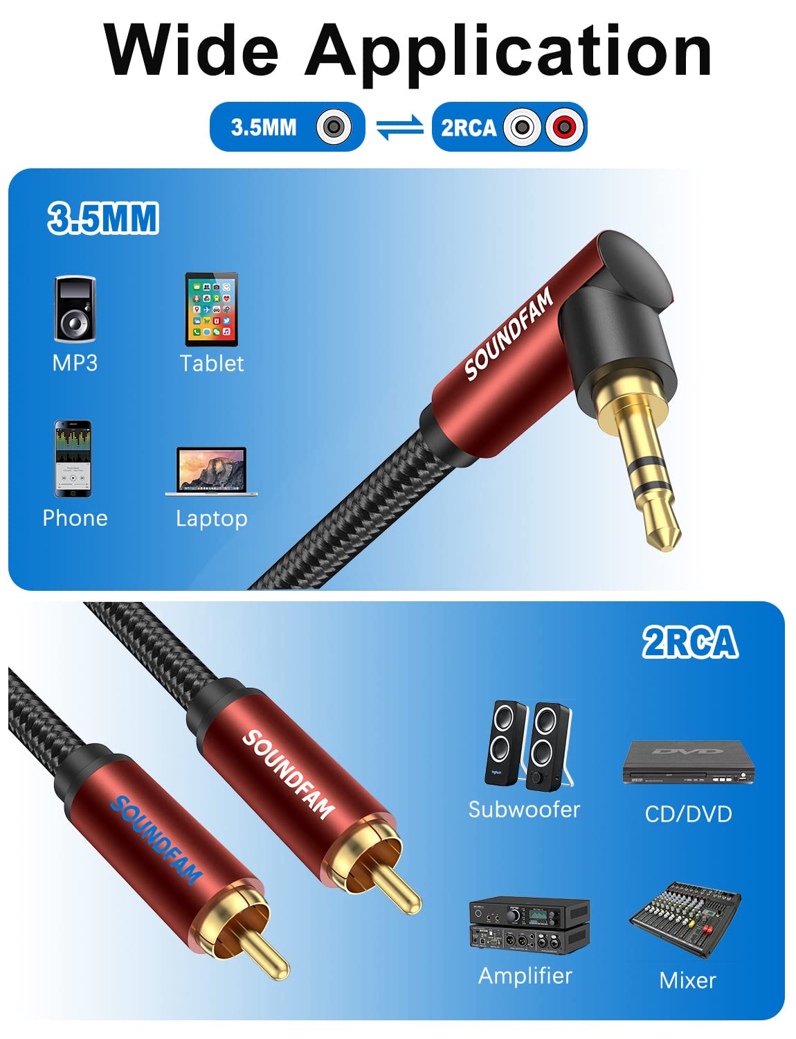 SOUNDFAM 3.5mm Aux to RCA Audio Cable 3m, 90 Degree Right Angle 3.5mm TRS Male to 2RCA Male Y Splitter Cable 24K Gold-Plated Double Shielded for Smartphone, Speaker, MP3, Tablet & More-1