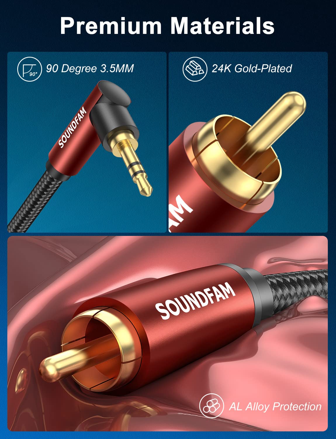 SOUNDFAM 3.5mm Aux to RCA Audio Cable 3m, 90 Degree Right Angle 3.5mm TRS Male to 2RCA Male Y Splitter Cable 24K Gold-Plated Double Shielded for Smartphone, Speaker, MP3, Tablet & More-4