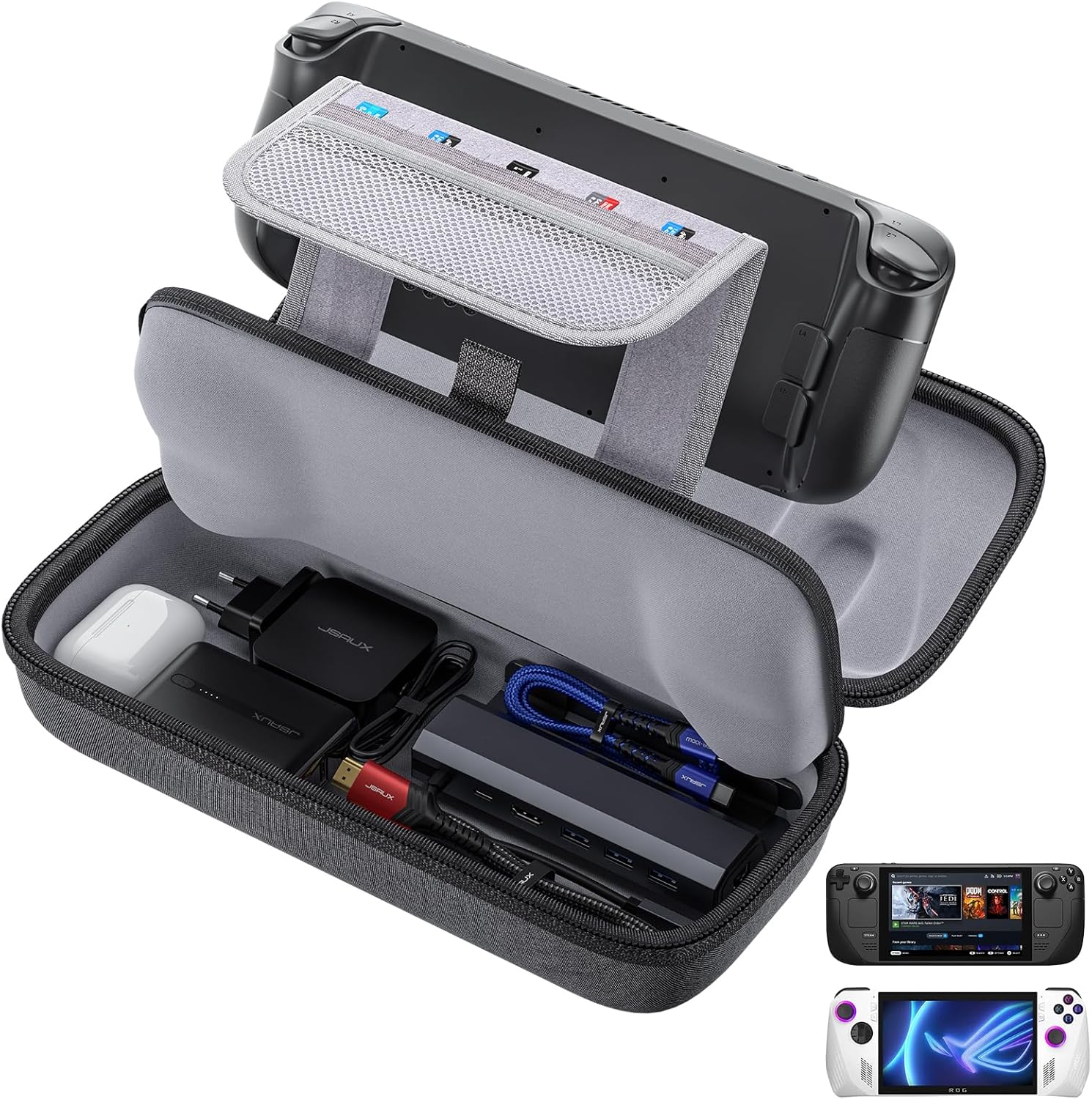 JSAUX Carrying Case Compatible with Steam Deck & ROG Ally, Protective Hard Shell Carry Case Built-in Charger & Docking Station Storage, Portable Travel Case for Steam Deck & Accessories - BG0106A-0